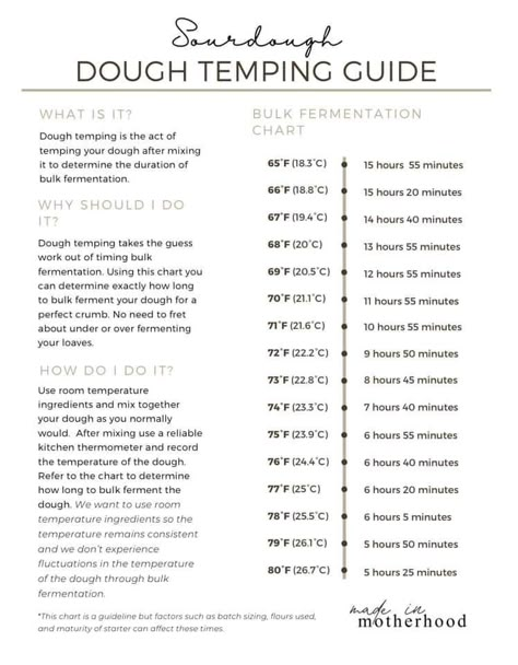 Sourdough Temping Guide, Sourdough Temperature Chart, Sourdough Fermentation Chart, Sourdough Bread Baking Timeline, Sourdough Bread Baking Schedule, Sourdough Bulk Fermentation Chart, Sourdough Basics, Sourdough Tips, 100% Hydration Sourdough Starter