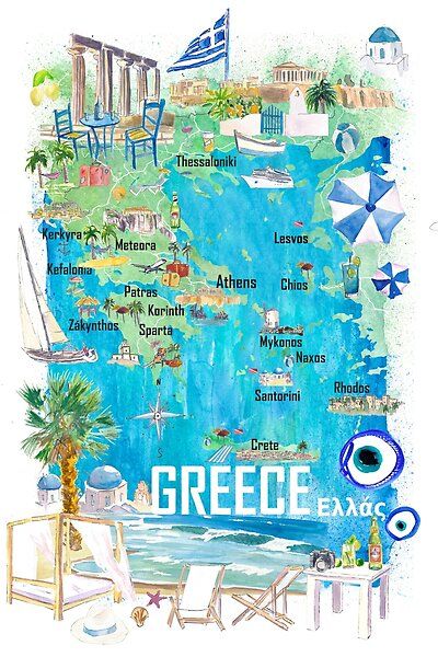 Greece Painting, Greece Map, Patras, Crete Greece, Travel Map, Illustrated Map, Travel Maps, Thessaloniki, Corfu