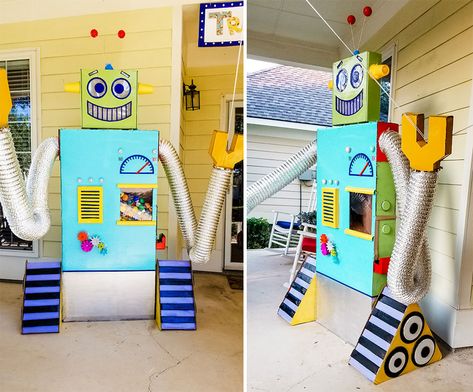 I Created This Giant Robot To Safely Hand Candy Out This Halloween Robot Trunk Or Treat, Red Tray, Hand Candy, Globe String Lights, Concrete Bricks, Fun Size, Kids Candy, Candy Holder, Glow Sticks