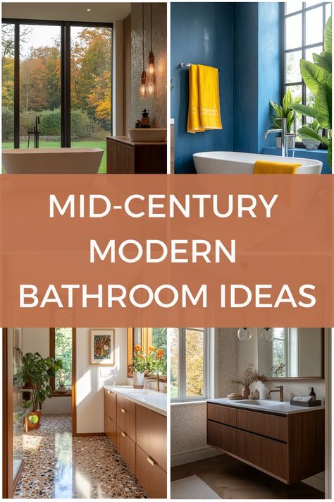 Mid-century modern bathroom designs with large windows and colorful accents. Mid Century Double Vanity, Mid Century Modern Bathroom Decor, Mid Century Bathroom Remodel, Modern Shower Tile, 1970s Bathroom, Small Bathroom Redo, Mid Century Bathroom Ideas, Mid Century Modern Makeover, Midcentury Modern Bathroom