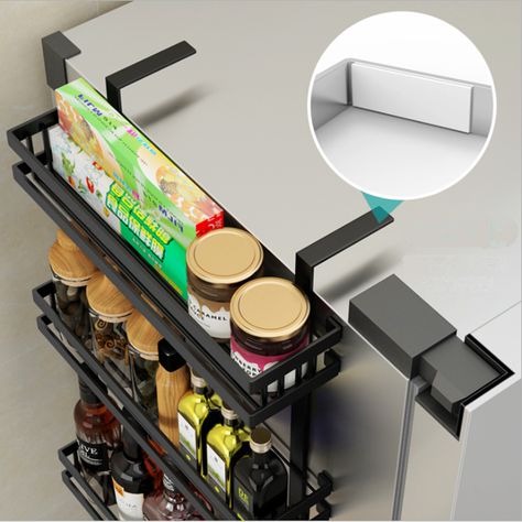 3 Tier Metal Refrigerator Side Storage Organizer Rack,Fridge Spice Rack,Multi Use Refrigerator Side Shelf Including 7 Hooks - Walmart.com Spice Rack Storage, Side Shelf, Seasoning Rack, Fridge Shelves, Organizational Ideas, Spice Rack Organiser, Fridge Storage, Floor Lamp With Shelves, Refrigerator Organization