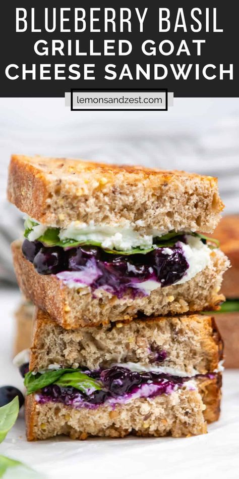 Nothing against the classic sandwich, but this Blueberry Basil Goat Cheese Grilled Cheese Sandwich is a unique variation of everyone's favorite--fresh basil, juicy blueberries and goat cheese with a hint of honey--delicious! Honey Goat Cheese Grilled Cheese, Blueberry Goat Cheese Sandwich, Goat Cheese Tea Sandwiches, Blueberry Goat Cheese Grilled Cheese, Fruit And Cheese Sandwich, Goat Cheese Grilled Cheese Sandwiches, Goat Cheese And Honey Sandwich, Grilled Cheese With Goat Cheese, Goat Grilled Cheese