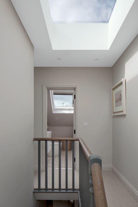 A rooflight on the top of the stairs allows lots of light to enter the staircase void.  EMR Architecture #architecture #design #interiordesign #building #home #London #Victorianproperty Hallway Skylight, Glass Skylight, Stairs Hallway, Loft Extension, Stairs Window, Building Home, Home London, Top Of The Stairs, Loft Stairs