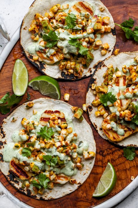 Halloumi Tacos - Dishing Out Health Haloumi Tacos Recipe, Mexican Inspired Meals, Halloumi Recipes Dinner, Halloumi Lunch, Summer Mexican Recipes, Halloumi Tacos, Halloumi Recipes, Creamy Cilantro Sauce, Baked Halloumi