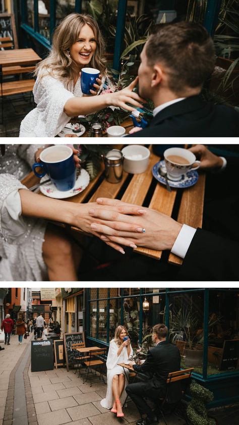 City elopement outside coffee shop Coffee Shop Wedding Photoshoot, Coffee Shop Prenup Outfit Ideas, Coffee Shop Prewedding, Coffee Engagement Shoot, Coffee Wedding Ideas, Coffee Shop Elopement, Photo In Cafe Ideas, Cafe Prewedding Photo Shoot, Coffee Couple Photoshoot