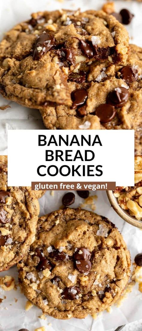 These banana bread chocolate chip cookies are gluten free, dairy free, vegan and easy to make. Banana Bread Chocolate Chip, Gluten Free Dairy Free Recipes Dinner, Banana Bread Chocolate, Gluten Free Dairy Free Dessert, Dairy Free Recipes Dinner, Dairy Free Baking, Banana Bread Cookies, Bread Chocolate, Easy Gluten Free Desserts