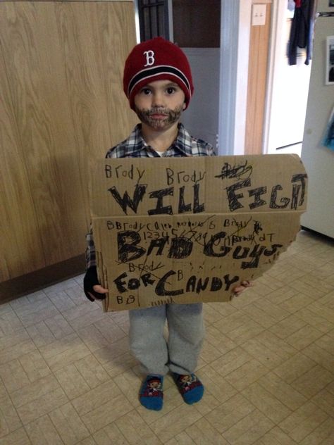 Toddler Halloween costume- homeless --will work for food-- will fight bad guys for candy. Bad Guy Costume, Homeless Halloween Costume, Toddler Halloween Costumes, Toddler Halloween, Bad Guys, Mens Costumes, Bad Guy, Halloween Costume, Halloween Costumes