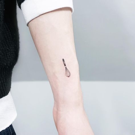 Tiny whisk tattoo on the left inner forearm Tiny Whisk Tattoo, Pastry Chef Tattoo, Cooking Tattoo Ideas, Baking Tattoo Ideas, Whisk Tattoo, Pastry Tattoo, Baking Tattoo, Cooking Tattoo, Baker Tattoo