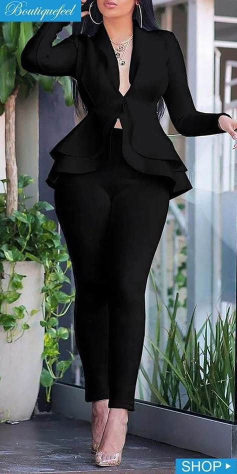 Dressy Pant Suits, Ruffles Design, Pencil Pant, Women Dresses Classy, Trendy Fashion Tops, Woman Suit Fashion, Classy Dress Outfits, Pant Sets, Classy Work Outfits