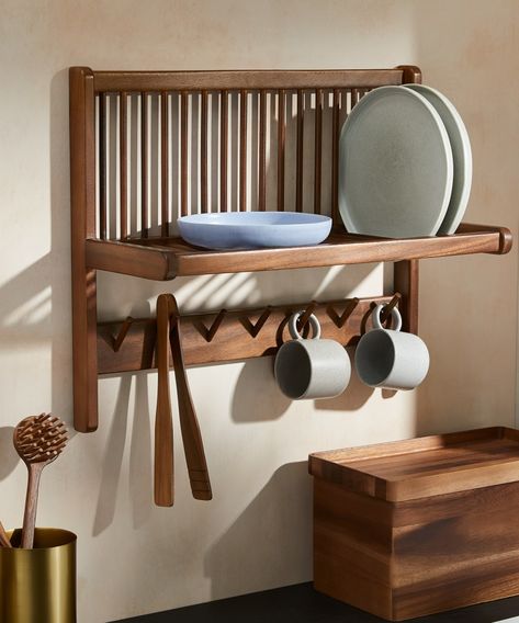 Clover Acacia Wood Wall Mounted Storage Shelf, Natural | MADE.com Casita Kitchen, Prep Room, Plate Racks In Kitchen, Wall Mounted Storage Shelves, Kitchen Wall Storage, Regal Design, Plate Racks, Led Furniture, Menu Furniture