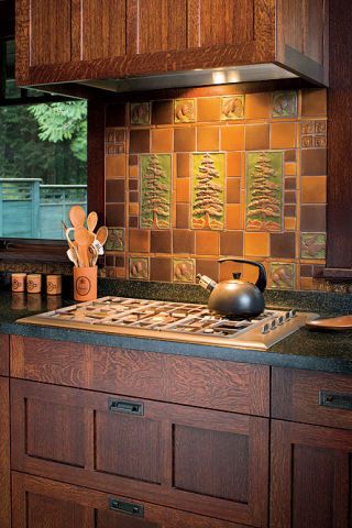 Library Kitchen, Mission Style Kitchens, Craftsman Style Kitchen, Arts And Crafts Kitchen, Arts And Crafts Tile, Craftsman Tile, Tile Backsplash Kitchen, Stove Backsplash, Craftsman Kitchen