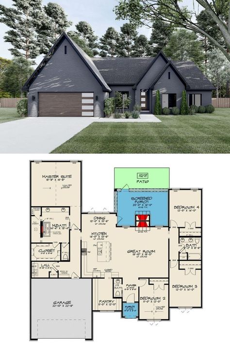 Single Story With Loft House Plans, 350k House Plans, Open Plan Modern House, 4 Bedroom Single Story House Plans Open Floor, 4 Bedroom House Plans Open Floor Modern, Simple Single Story House Design, Family House Plans 1 Story, House Plans Single Story Open, Four Bedroom Single Story House Plans