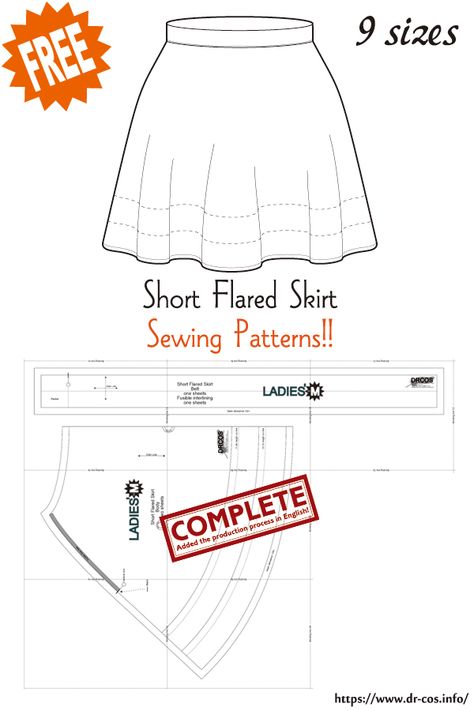 Miniskirt Sewing Pattern Free, Skirt Patterns Sewing Free, Short Skirt Pattern, Unique Sewing Patterns, Short Flared Skirt, Skirt Pattern Free, Japanese Sewing Patterns, Plus Size Sewing Patterns, Plus Size Sewing