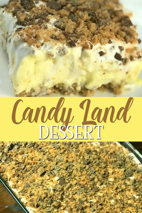 This Candy Land Dessert made of pudding, ice cream and Heath bars is a family favorite!  We love this pudding and ice cream mixture better than any dirt pudding. The base layer is Lorna Doone cookies and butter,   covered in a vanilla ice cream and pudding mixture.  Top with whipped topping and sprinkle on Heath candy bar bites for a unique and memorable dessert! #dessert #holidaydessert #birthday #pudding #icecream Dirt Pudding Dessert, Milky Way Candy, Heath Candy Bar, Milky Way Cake, Pan Desserts, Icebox Desserts, Lorna Doone, Dirt Pudding, Food Deserts