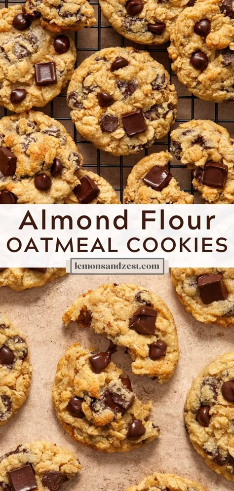 Chewy and delicious, these simple gluten free Almond Flour Oatmeal Cookies can be prepped in just 15 minutes and require no chill time. Packed with chocolate chips and chunks, wholesome oats and everything you love about a freshly baked cookie! Almond Flour Oatmeal Cookies, Almond Flour Oatmeal, Almond Flour Chocolate Chip Cookies, Gluten Free Oatmeal Cookies, Oatmeal Diet, Almond Flour Cookies, Gluten Free Oatmeal, Chill Time, Almond Flour Recipes