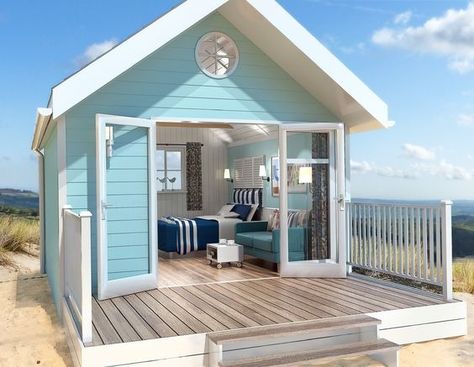 Beach Hut Exterior Decor, Beach Cabin Ideas, Beach Cabana Ideas, Beach Hut Shed, Small Beach Cottage, Camping Pods, Caravan Vintage, Tiny Beach House, Glamping Pods