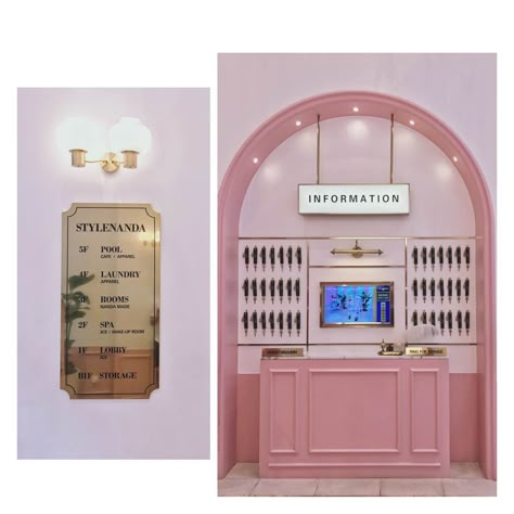 Stylenanda Pink Hotel, Reception Looks, Pink Hotel, Popup Store, Business Place, Pharmacy Design, Flower Store, Exhibition Display, Boutique Interior