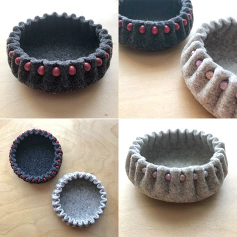 How to make your own beaded felt bowls Felted Bowls How To Make, Mindless Crafts, Felt Basket Diy, Crochet Felted Bowl, Felt Bowls, Felt Bowl, Wool Bowl, Carillons Diy, Bead Bowl