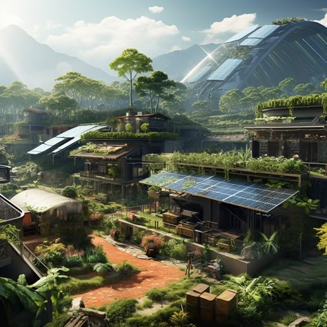 Cyberpunk Countryside, Fantasy Solarpunk, Solarpunk Tech, Eco Utopia, Solar Punk House, Eco City Concept, Green City Concept, Biopunk City, Solar Punk City