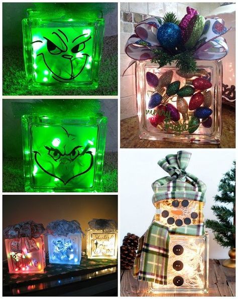 Christmas Glass Block Craft Ideas - Crafty Morning Grinch Projects, Glass Blocks With Lights, Block Decorations, Block Snowman, Painted Glass Blocks, Christmas Glass Blocks, Decorative Glass Blocks, Brick Crafts, Morning Christmas