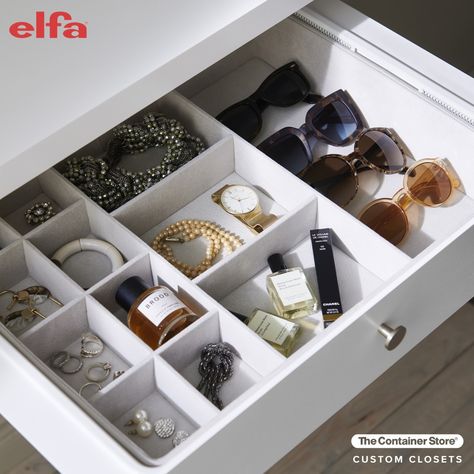 Accessories Tray In Wardrobe, Walk In Closet Accessories Drawers, Accessories Tray Wardrobe, Elfa Drawer Organization, Organizing Necklaces In A Drawer, Jewelry Organizer Drawer Trays, Jewelery Organiser Wardrobe, Guest Towel Tray, Custom Closet Shelving