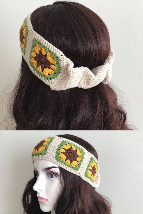 Crochet Granny Headband, Granny Square Hair Bandana, Crochet Headband Granny Square, Crochet Hippie Headband, Crochet Granny Square Headband, Granny Square Headband, Sunflower Headband, Short Crochet, Crochet Ear Warmer Pattern