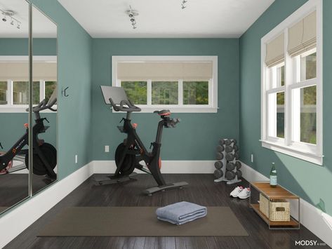 Home Gym In Blue Green - Home Office Design Ideas & Photos Workout Room Colors, Home Gym Wall Color, Home Gym Paint Colors, Green Home Offices, Small Home Gyms, Small Home Gym Ideas, Green Wall Color, Gym Design Interior, Home Office Design Ideas