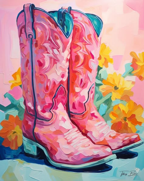 Pink Cowgirl Boots, Dorm Art, Western Paintings, Western Wall Art, Texas Art, Boots Cowgirl, Cowgirl Art, Pink Cowgirl, Summer Painting