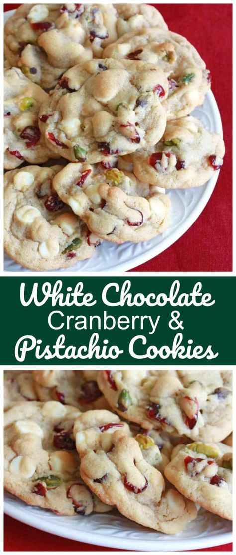 White Chocolate Cranberry Pistachio Cookies Cranberry Pistachio Cookies Christmas, Christmas Food Work Party, Cranberry Deserts Recipes, Few Ingredient Cookie Recipes, Cranberry White Chocolate Pistachio Cookies, Cranberry And Pistachio Cookies, Pistachio Cookies Christmas, Pretty Christmas Cookie Recipes, Pistachio Nut Recipes