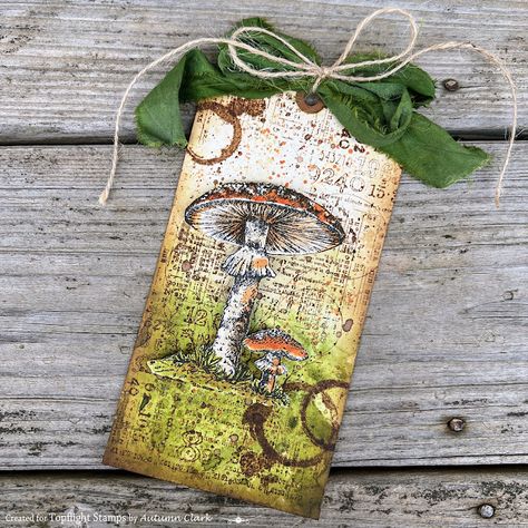 Crafty Individuals, Mushroom Stamp, Tim Holtz Cards, Mushroom Cards, Journal Tags, Ephemera Ideas, Project Life Cards, Tim Holtz Mixed Media, Mixed Media Crafts