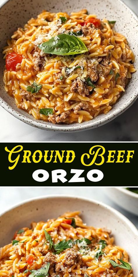 🍝 Need a quick dinner idea? This Ground Beef Orzo recipe is a one-pot wonder! Savory, hearty, and ready in under 30 minutes. 🥩 #EasyDinner #GroundBeefRecipes #OnePotMeal Ground Beef And Orzo, Beef And Orzo, Creamy Tomato Orzo, Beef Orzo, Orzo Bake, Orzo Skillet, Tomato Orzo, Orzo Recipe, Comforting Meals