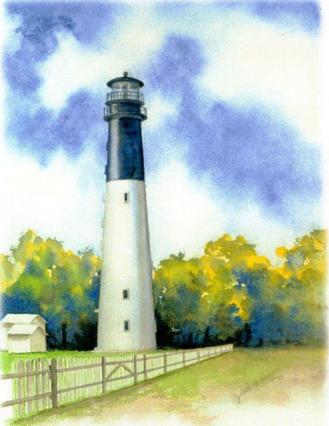 Art By Janet Rodgers Hunting Island Lighthouse, Wind Turbine, Statue Of Liberty, Watercolor Painting, Lighthouse, Hunting, Lake, Statue, Paint