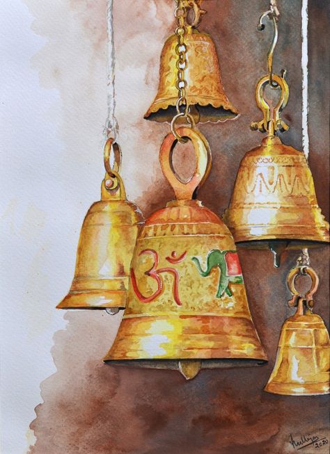 Indian Wedding Bells Illustration, Temple Bells Painting, Ganesha Kerala Mural Painting, Kerala Mural Ganesha Paintings, Budha Kerala Mural Painting, Copper Painting, Temple Bells, Bell Art, Pooja Room Door Design