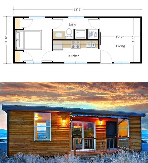 400 sq ft -- this model is the Skyline by Zip Kit Homes. Company appears to be out of business, but looks like a great floor plan. Anything that uses water is centrally located in the interior of the house (not running plumbing everywhere, little chance lines will freeze.) Make the bed a Murphy and you've gained an office for the daytime. 16x26 Floor Plans, Zip Kit Homes, 400 Sq Ft Tiny House Interior, Tiny House With Basement Floor Plans, 400 Sq Ft House Plans, 400 Sq Ft Apartment, Big Homes, Home Layouts, Compact Garden