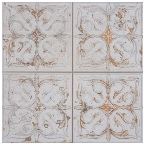 Merola Tile Antigua Lis 13" x 13" Straight Edge Porcelain Metal Look Wall Tile | Wayfair Exterior Colors For House, French Country Tile, White Square Tiles, Napa House, Affinity Tile, Black Subway Tiles, Shower Mosaic, Spanish Homes, Penny Round Mosaic