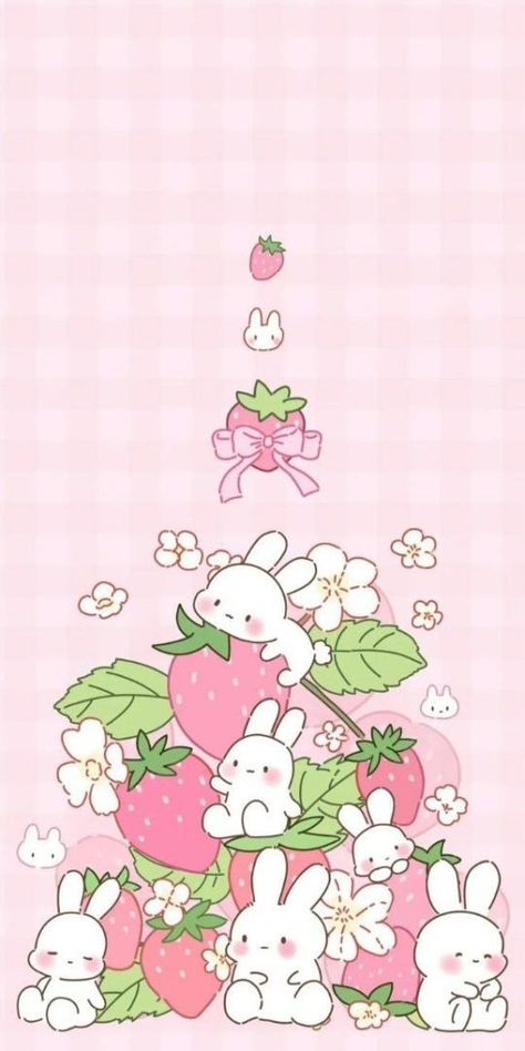 Pastel Cute Desktop Wallpaper, Pink Cute Wallpaper Backgrounds, Cute Pink Bunny Wallpaper, Strawberry Bunny Wallpaper, Kawaii Bunny Wallpaper, Bunny Wallpaper Aesthetic, Pink Bunny Wallpaper, Strawberry Wallpaper Aesthetic, Cute Bunny Wallpaper