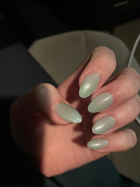 Celadon Nails, Light Green Pearl Nails, Sparkly Light Green Nails, Jade Color Nails, Aqua Green Nails, Green Pearl Nails, Pale Green Nails, Jade Green Nails Acrylic, Green Jelly Nails