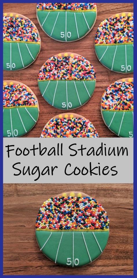 Learn how to make these easy sugar cookies, perfect for the football game after Thanksgiving or for any football party!   #butfirstcookies #football #footballcookies #footballparty #sugarcookies Burger Vegetarian, Football Cookies, Nacho Bar, Football Snacks, Party Sweets, Easy Sugar Cookies, Super Bowl Party, Superbowl Party Food, Football Stadium