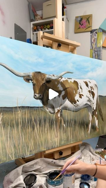 Whitney Hayden on Instagram: "Goood morning! I’m starting my @claywalker portrait today but first I had to finish up this girl 🤠 anyone else need a #longhorn painting because I’m on a roll 🧑🏼‍🎨" Longhorn Bull Painting, Longhorn Painting, Cowboy Paintings, Bull Painting, Longhorn Cow, March 4, But First, How To Paint, Cow