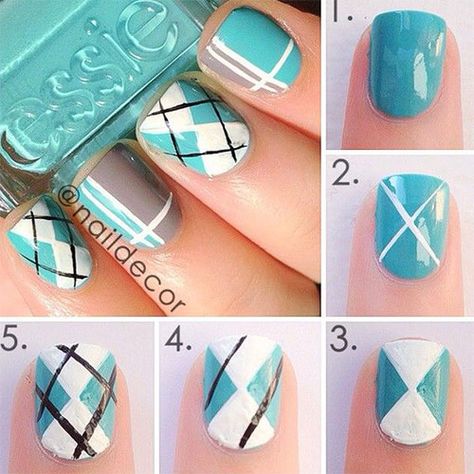 15 + Easy & Step By Step New Nail Art Tutorials For Beginners & Learners 2014 | Fabulous Nail Art Designs Argyle Nails, Unghie Nail Art, Different Nail Designs, Plaid Nails, Blue Nail, Nail Swag, New Nail Art, Get Nails, Cute Nail Art