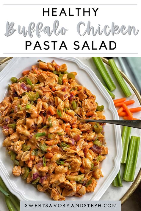 Buffalo Pasta, Favorite Pasta Salad, Buffalo Chicken Pasta Salad, Garlic Chicken Pasta, Buffalo Chicken Pasta, Pasta Chicken, Carrots Celery, Healthy Lunch Meal Prep, Chickpea Pasta