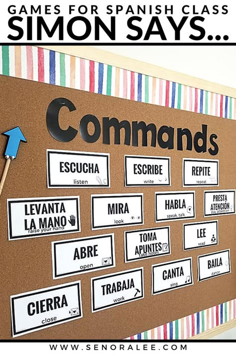 Need students to follow your commands in Spanish class? Play a game of Simon Says! Fun Spanish activities to support your command unit. Find resources you need to support your Spanish commands unit! Students love "Simon Says." Introduce this game at the beginning of the year when learning or reviewing class commands. Post a command word wall on your bulletin board to support learners. Use these basic commands when giving daily classroom instructions. Spanish Class For Kindergarten, Prek Spanish Activities, Spanish Tutoring Ideas, High School Spanish Classroom Activities, Spanish Project Ideas, Spanish Class Aesthetic, Teaching Spanish To Kids, Elementary Spanish Classroom, Classroom Instructions