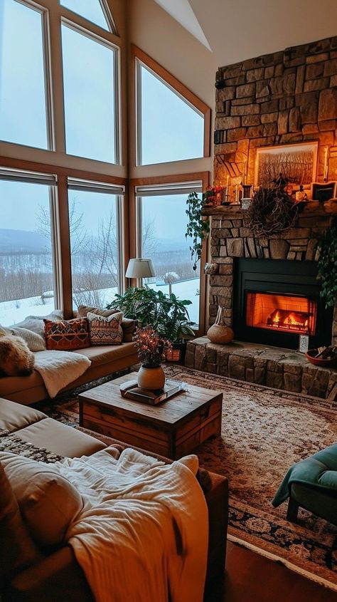 Tranquil living room with stone fireplace, cozy blankets, and inviting atmosphere Large Stone Fireplace, Living Room With Stone Fireplace, Home Retreat, Tranquil Home, Cosy Fireplace, Peaceful Evening, Stunning Interior Design, Home Decor Crate, Large Stone