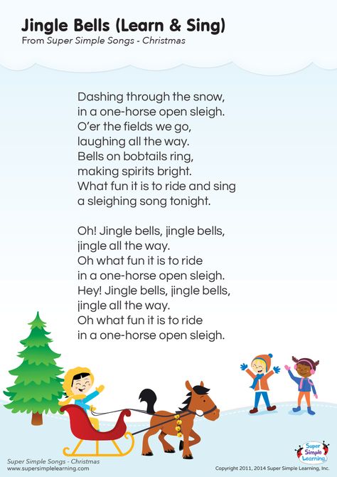 Jingle Bells (Learn & Sing) Lyrics Poster | Super Simple Xmas Songs Lyrics, Jingle Bells Lyrics, Preschool Christmas Songs, Kindergarten Esl, Christmas Carols Lyrics, Christmas Songs For Kids, Christmas Carols Songs, Carol Songs, Christmas Songs Lyrics