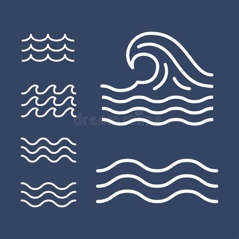 Sea Illustration Simple, Wave Vector Illustration, Wave Doodle Simple, Waves Illustration Simple, Marine Logo Design, Sea Waves Illustration, Waves Graphic Design, Sea Symbol, Sea Icons