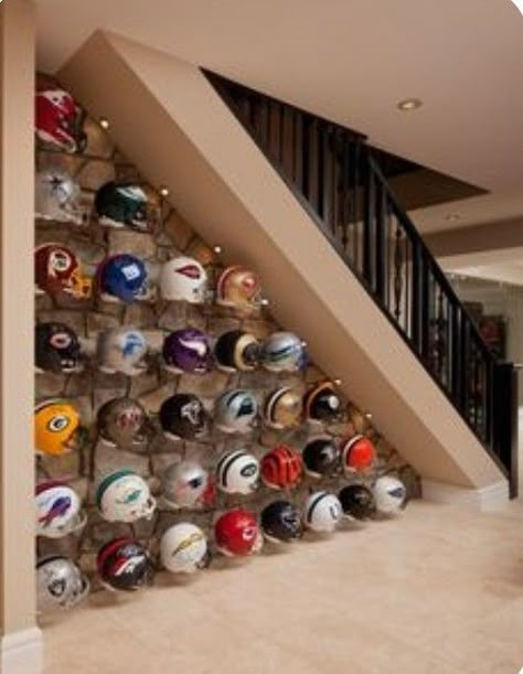 Man Cave Ideas Sports, Man Cave Basement Diy, Man Cave Designs, Helmet Display, Basement Man Cave, Sports Man Cave, Cave Design, Man Cave Games, Man Cave Design