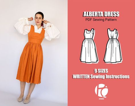 - Easy midi dress with rectangular neck and gathered skirt Milkmaid Dress Pattern, Gathered Skirt Pattern, Midi Dress Sewing Pattern, Andrea Lopez, Midi Dress Pattern, Milkmaid Dress, Simple Sweatshirt, Adjustable Dress, Plus Size Patterns