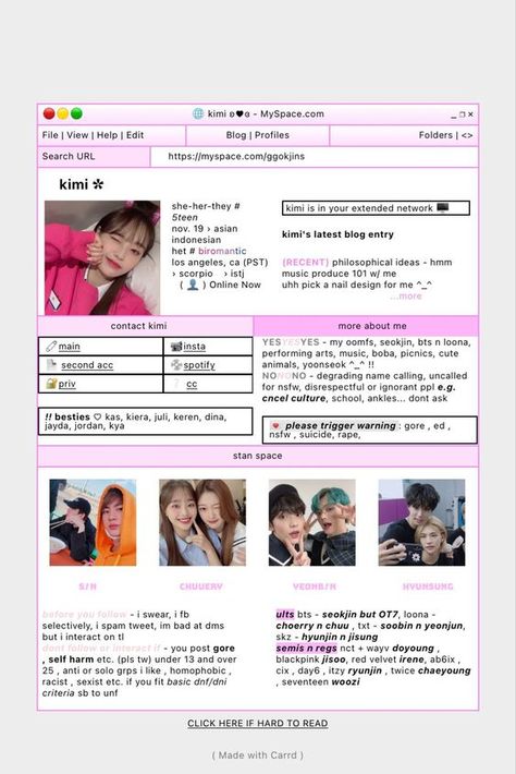 carrd inspo chuu loona myspace my space idea theme kpop carrd.co Myspace Aesthetic, Myspace Layout, Cute Tats, Chuu Loona, Y2k Party, Carrd Inspo, Blog Names, Blog Layout, Name Calling