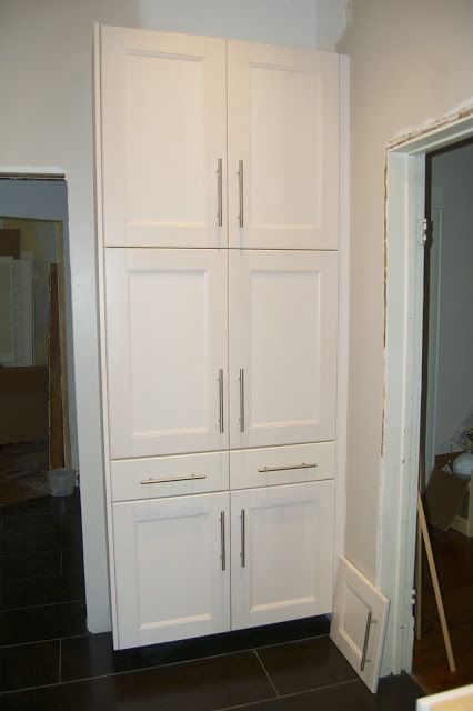 interesting configuration of 12" deep stacked cabinets Ikea Kitchen Storage Cabinets, Kitchen Pantry Cabinet Ikea, Pantry Cabinet Ikea, White Kitchen Pantry Cabinet, Kitchen Cabinets On A Budget, Ikea Kitchen Storage, Tall Kitchen Pantry Cabinet, White Kitchen Pantry, Cabinets Ikea