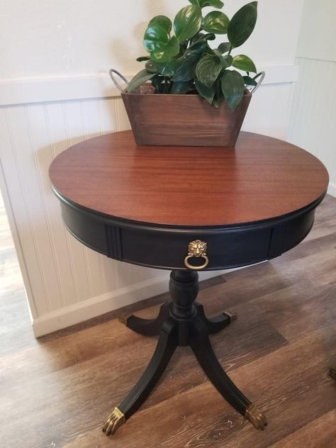 Round Side Table Makeover, Drum Tables, End Table Makeover, Painted China Cabinets, Side Table Makeover, Table Flip, Coffee Table Makeover, Idle Hands, Pedestal Side Table